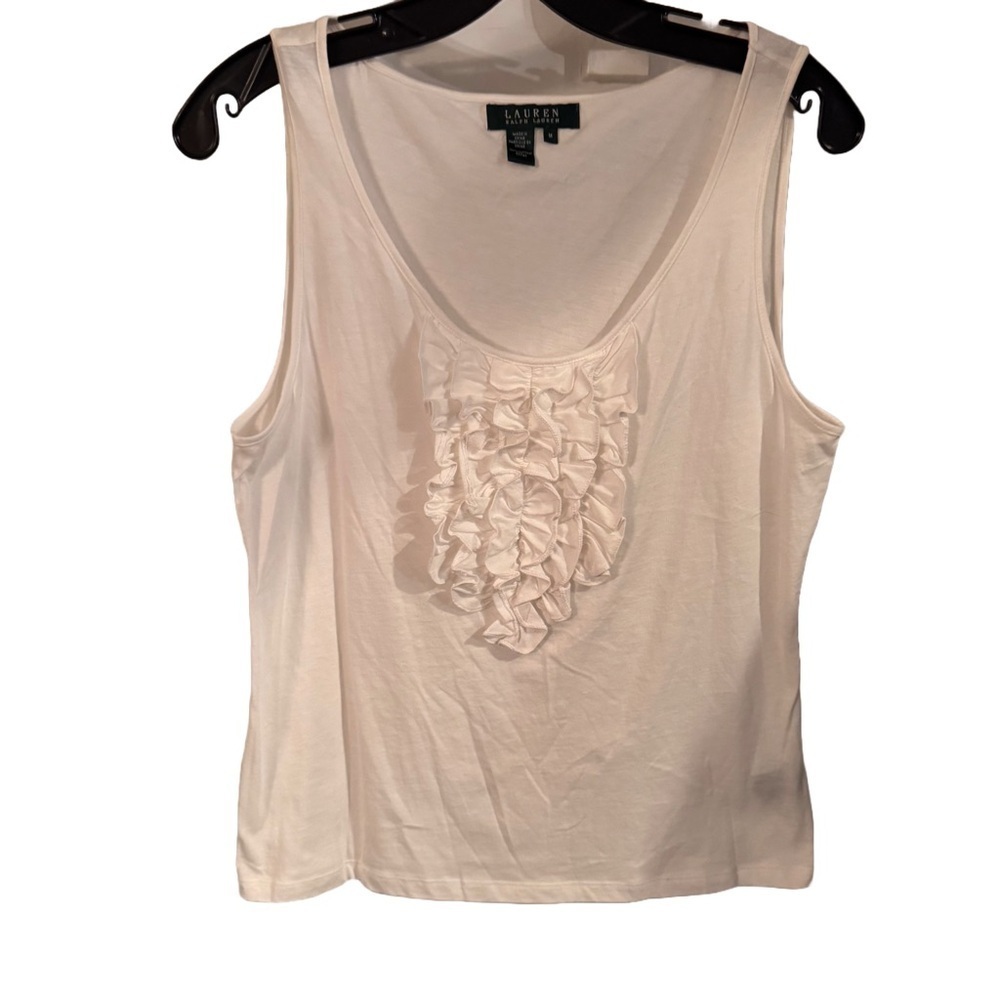 Ralph Lauren Women’s Sleeveless Tank Top W/ Ruffles Scoop Neck White Sz M